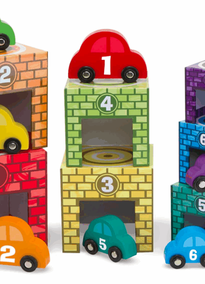 toy cars with numbered colorful garages